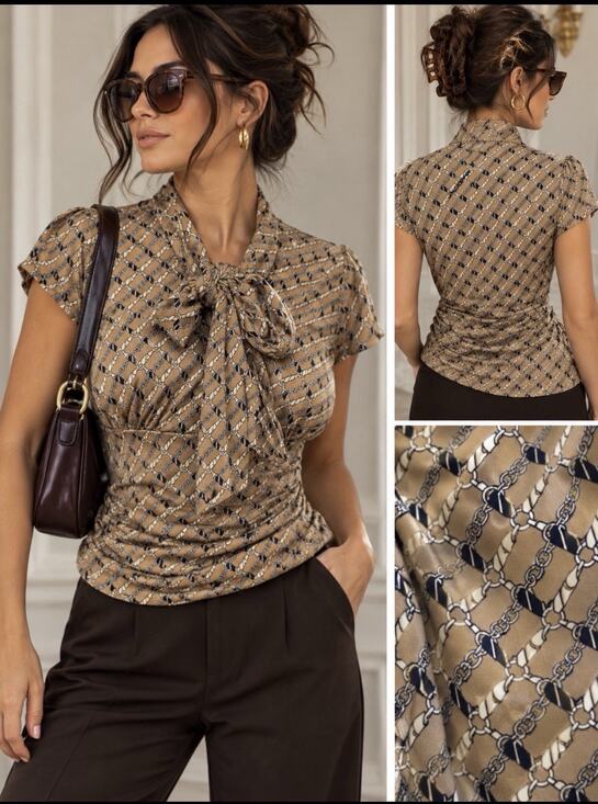 New York & Company Tops - Vtg Y2K New York & Co Chain Print Tie-Neck Top Equestrian 2000’s Side Ruched